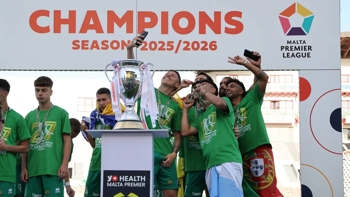 Floriana FC players joyfully celebrate winning the Malta Premier League 2025-26 title at the National Stadium.