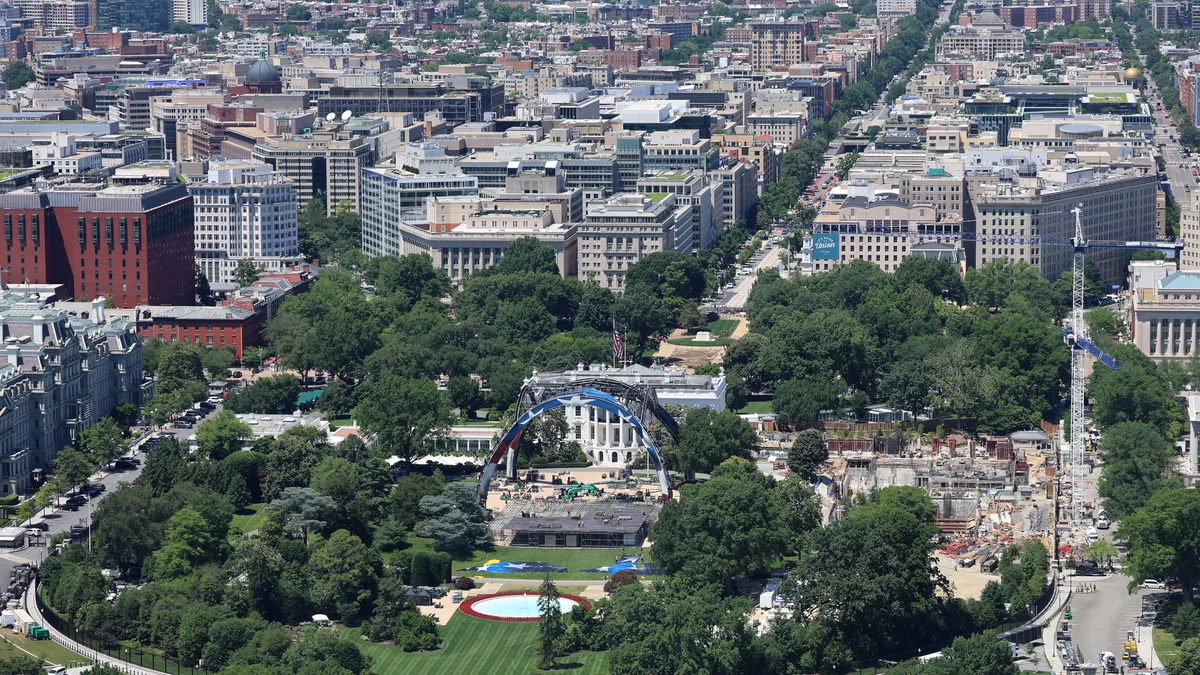 Construction of a temporary open-air arena for a UFC event at the White House, Washington D.C.