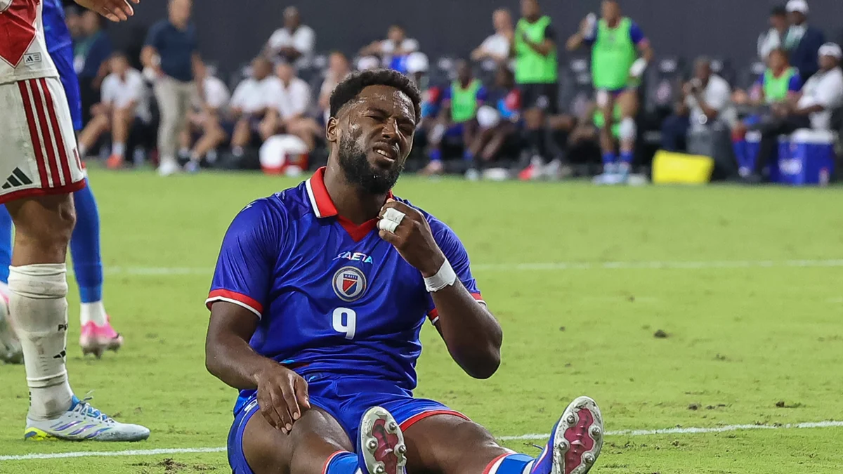 Haiti forward Duckens Nazon (9) reacts with frustration after missing a scoring opportunity during a match against Peru.