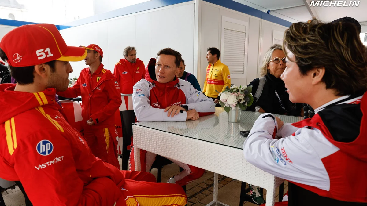 Portraits of racing drivers Kamui Kobayashi, Mike Conway, and Antonio Giovinazzi at Le Mans 2026 weigh-in.