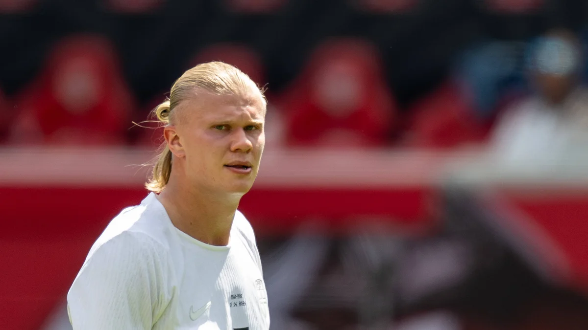 Erling Haaland, Norway's number 9, runs with the ball during a friendly match against Morocco.
