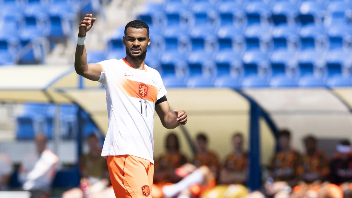 Netherlands forward Cody Gakpo looks focused during a friendly match against Uzbekistan.