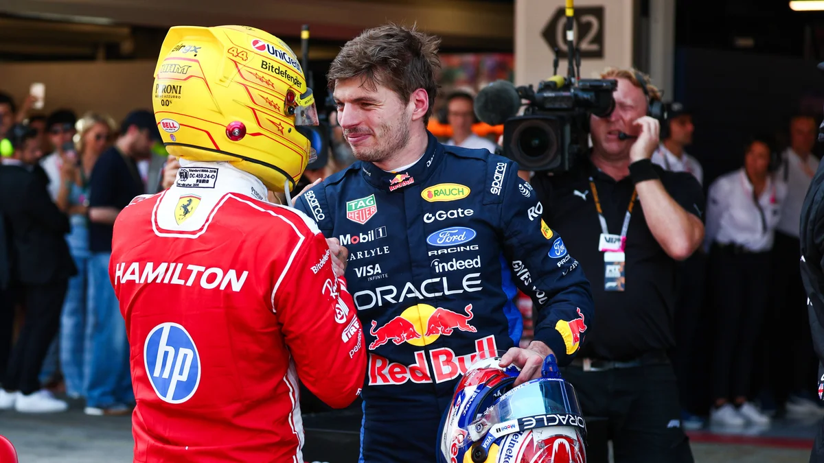 Lewis Hamilton (Ferrari) and Max Verstappen (Red Bull) at the F1 Grand Prix of Barcelona-Catalunya.