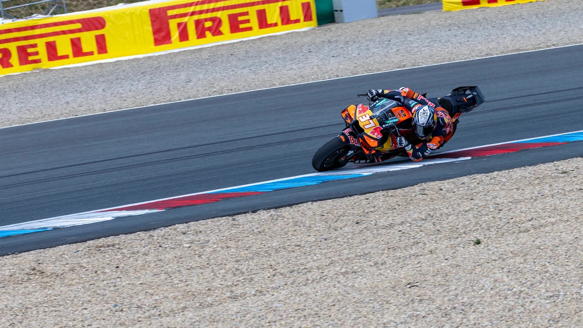 Pedro Acosta, number 37, on his Red Bull KTM motorcycle, leans into a turn during the 2026 MotoGP Grand Prix of Czechia.