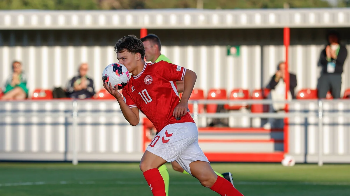 Olti Hyseni of Denmark celebrates scoring a goal during the UEFA European U19 Championship.