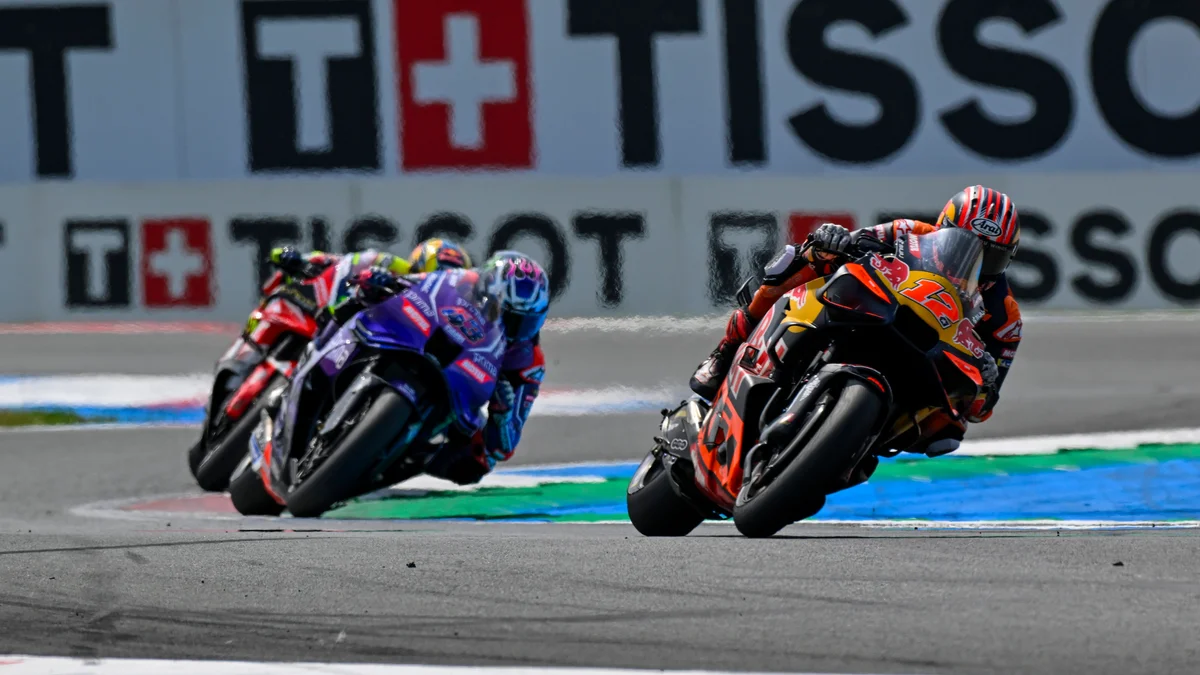 Maverick Viñales on his Red Bull KTM Tech3 RC16 motorcycle, leaning into a turn during the 2025 MotoGP Netherlands Grand Prix.