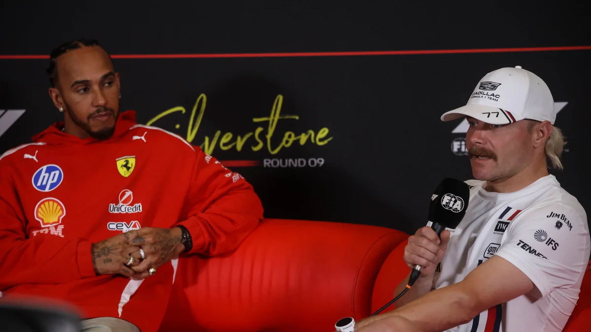 Lewis Hamilton and Valtteri Bottas race their Formula 1 cars at the British Grand Prix.