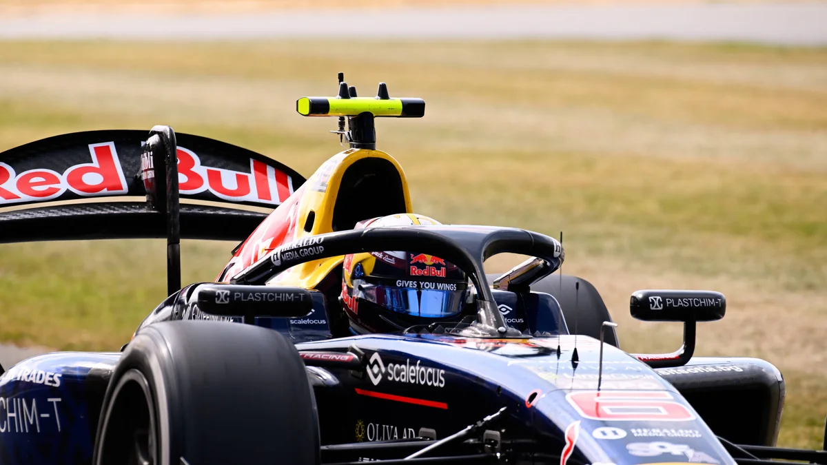 Nikola Tsolov in his Campos Racing car (number 6) on track during Formula 2 practice at Silverstone.