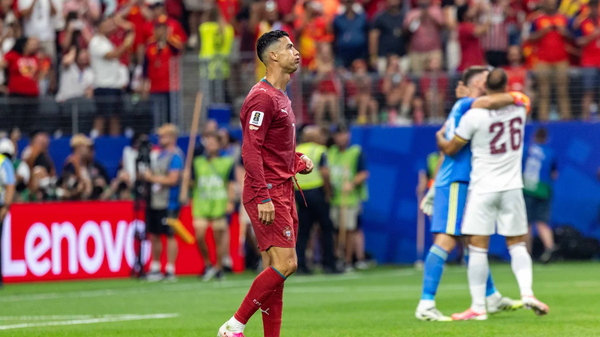 Cristiano Ronaldo in his Portugal kit, focused during a 2026 World Cup match against Spain.