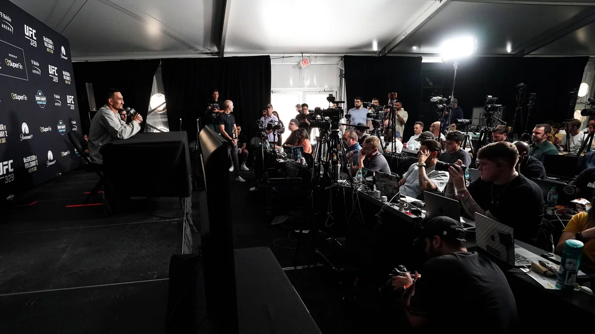 Conor McGregor speaks at the UFC 329 press conference in Las Vegas.