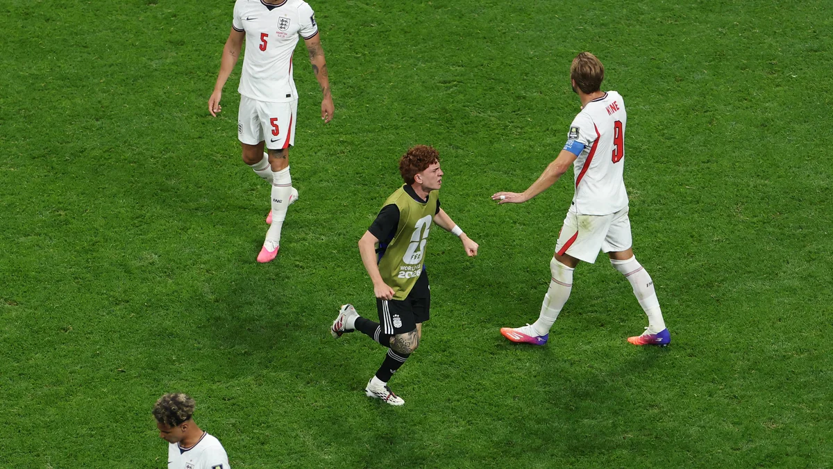 Valentin Barco of Argentina celebrates an equalizing goal during a FIFA World Cup semi-final match.