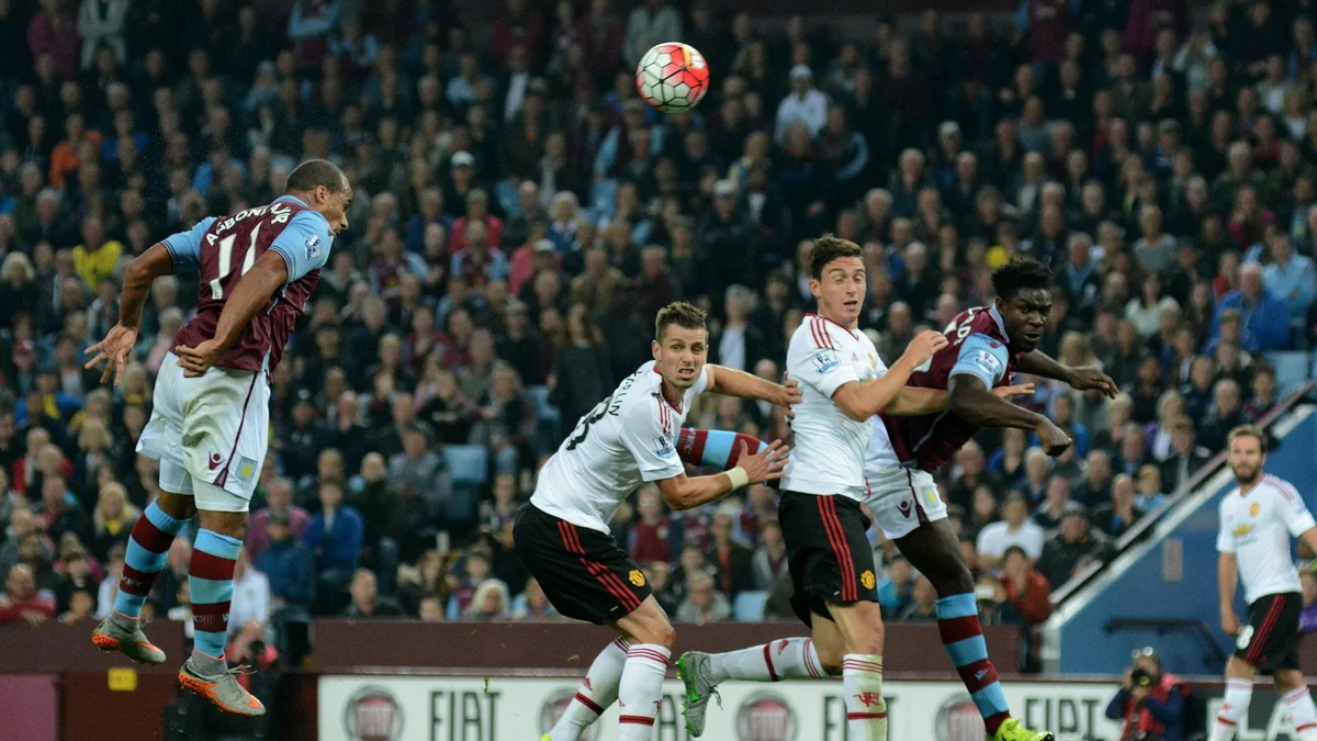 Aston Villa's Gabby Agbonlahor heads the ball towards goal during a Premier League match against Manchester United.