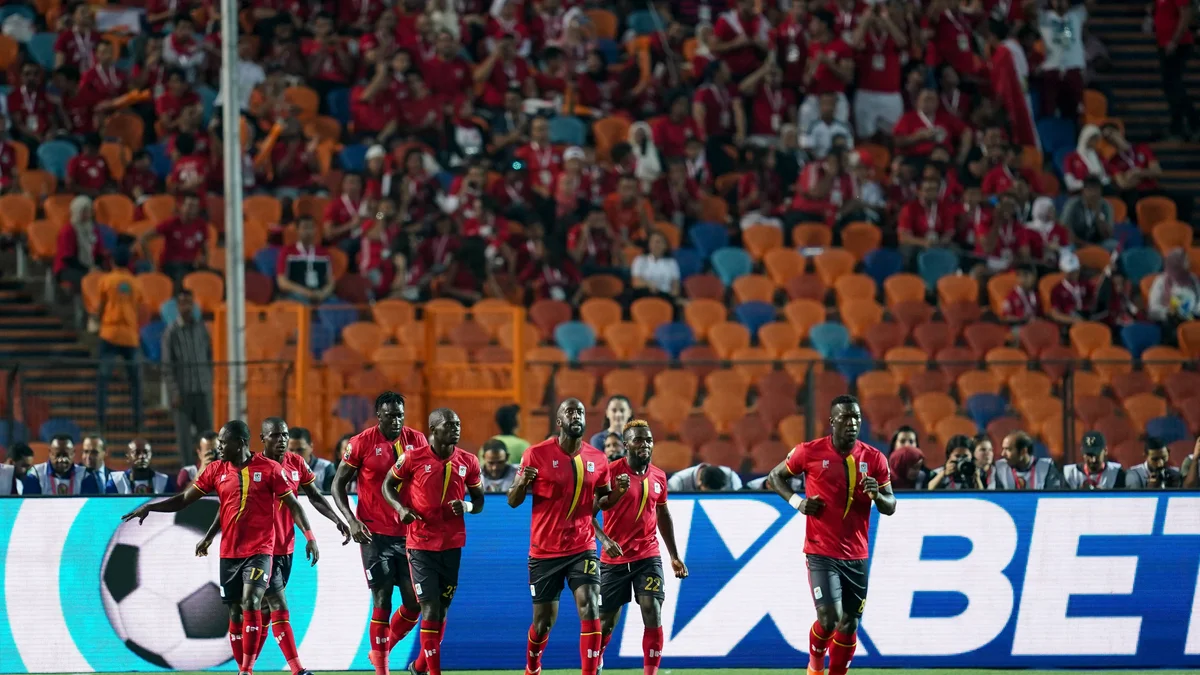 Emmanuel Okwi of Uganda celebrates scoring a goal during the 2019 African Cup of Nations match against Zimbabwe.