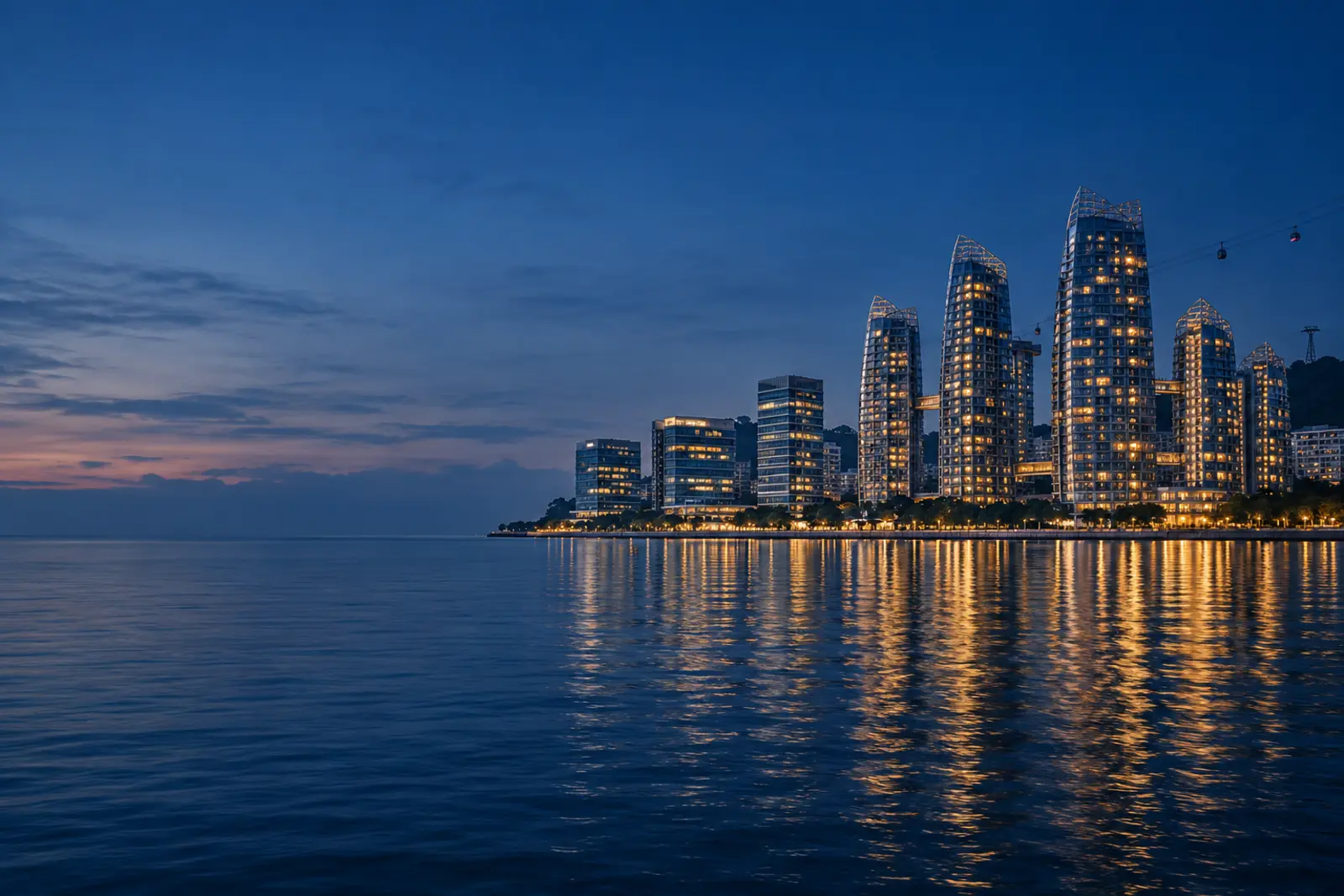The Singapore skyline across the water at dusk