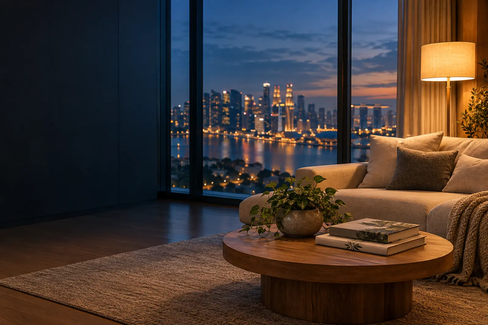 A living room at dusk overlooking Marina Bay