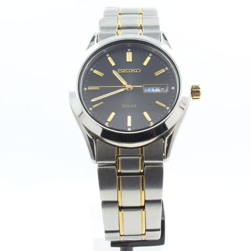 Men's Seiko Solar V158-0AB0 Black Dial Gold Tone Watch 