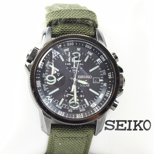 Mens Seiko Prospex Solar Chronograph Black Dial/Green Band Watch - V172-0AL0  