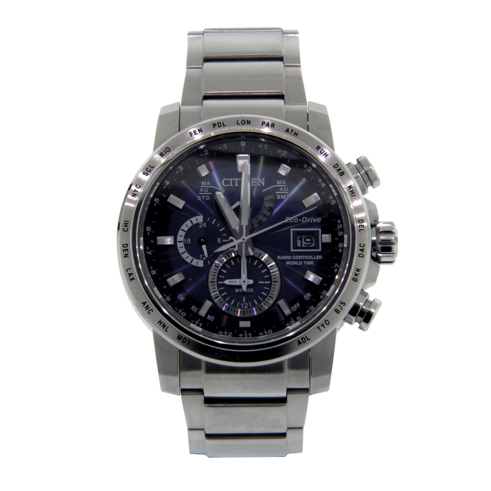 Men's CITIZEN World Time A-T Eco Drive Solar Radio Blue Dial Watch ...