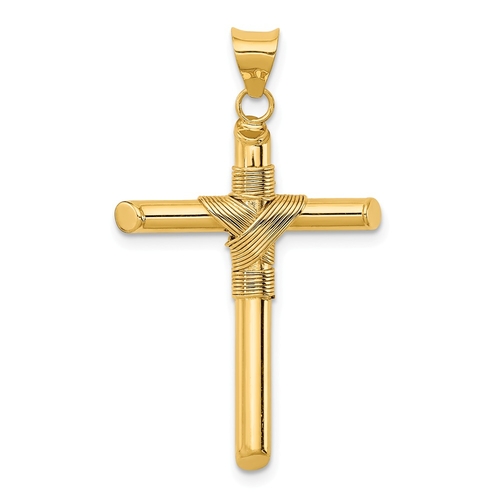14K Yellow Gold Religious Christian Catholic Tube Cross Charm Pendant - 34.7mm