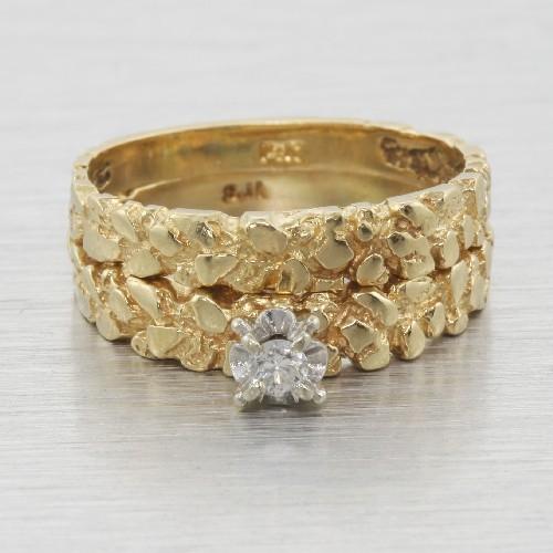 custom 14k gold nugget diamond engagement ring set