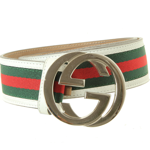 Gucci 114984 Green Red White Double GG Buckle Leather Belt Men's Belt ...