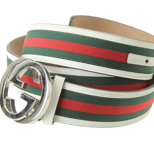 Gucci 114984 Green Red White Double GG Buckle Leather Belt Men's Belt ...