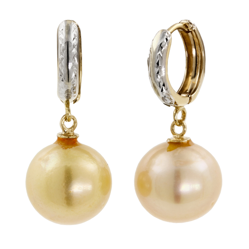 14k White & Yellow Gold Two-Tone Diamond-Cut Dangling Pearl Drop Huggie Earrings