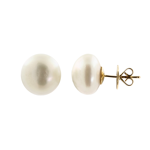 14k Yellow Gold 15mm Button Stud Freshwater Cultured Pearl Earrings