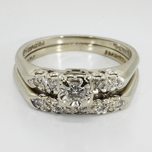 14k White Gold Diamond Vintage Wedding Ring Set 3926