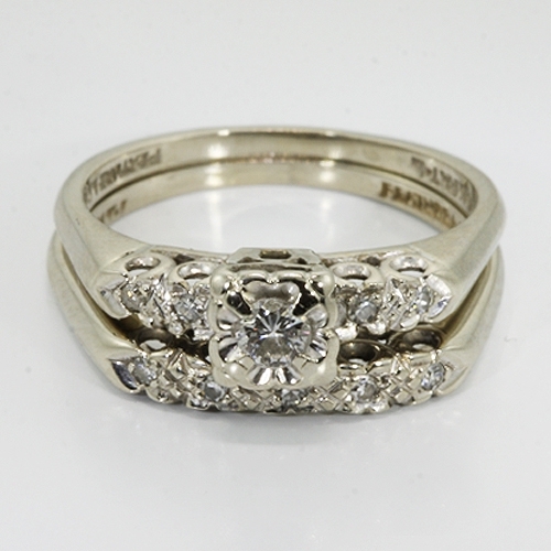 14k White Gold Diamond Vintage Wedding Ring Set 