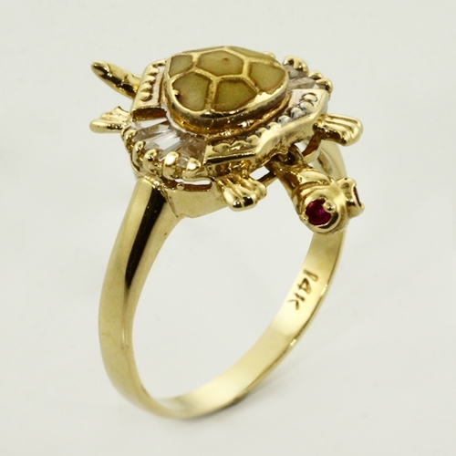 14K Yellow Gold Turtle Ring with Sapphires and Rubies | Outofpawn.com