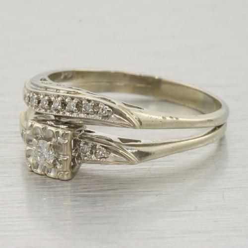 Beautiful 14K White Gold Diamond Vintage Wedding Ring Set