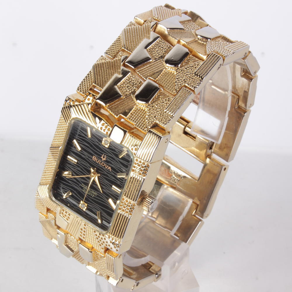 BULOVA Diamond Quartz Mens 18K Gold Plated Watch WatchCharts ...