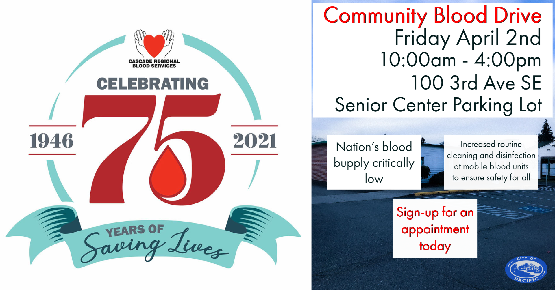 City of Pacific CRBS 75th Anniversary Blood Drive 4-2-21