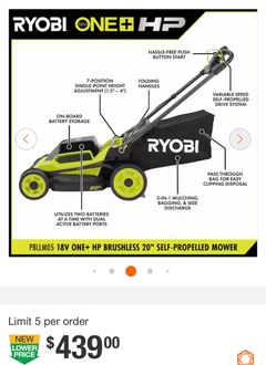 RYOBIONE+ HP 18V Brushless 20 in. Cordless Battery Walk Behind Self-Propelled Lawn Mower - Image 1