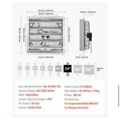 VEVOR24 in. Wall Mount Shutter Exhaust Fan,Auto Louvers,Silver Steel Housing,Low Noise AC Motor,7030 CFM - Image 5