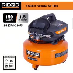 RIDGID6 Gal. 150 PSI Portable Electric Oil-Free Jobsite Pancake Air Compressor with Dual Pressure Gauges and 2-Quick Couplers - Image 2