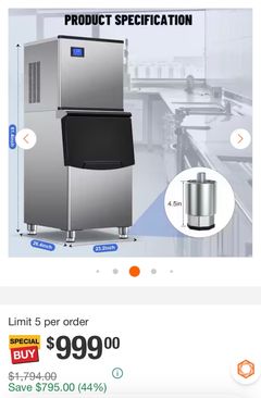  Velivi23.2 in. Commercial Ice Maker 460 lbs./24 H Freestanding Stainless Steel Ice Maker Full Size Cubes with 350 lbs. Storage - Image 2