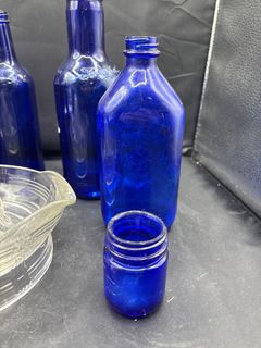 Cobalt Blue Glass Bottle Collection and Hazel-Atlas Criss-Cross Citrus Juicer - Image 4