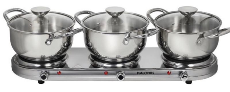 Kalorik Stainless Steel Triple Buffet Burner w/Pots, Lids & Lid Rest - Metallic