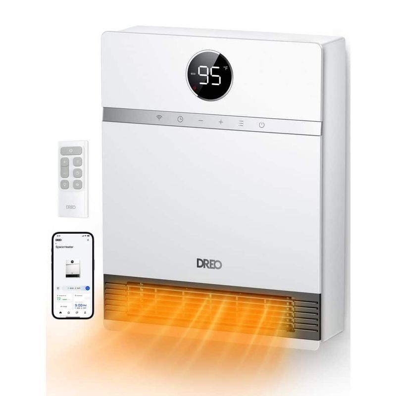 DREO 1500W Smart Wall Mount Ceramic Heater, Furnace, w/Remote 30� Oscillation, Adj Thermostat, Remote, Bedroom, Office, White DR-HSH017S White - Image 1