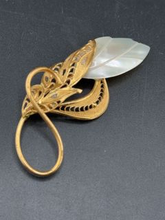 Gold Tone Filigree Foliage Brooch With Carved Mother of Pearl Leaf - Image 2