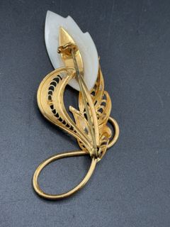 Gold Tone Filigree Foliage Brooch With Carved Mother of Pearl Leaf - Image 3