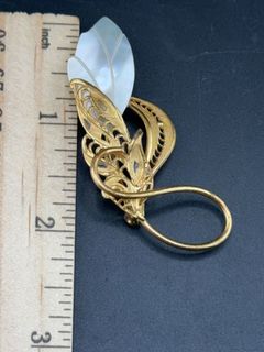 Gold Tone Filigree Foliage Brooch With Carved Mother of Pearl Leaf - Image 4