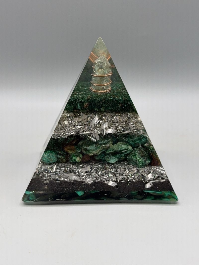 Pyramid Paperweight with Fuchsite, Metals, Shells - Image 1