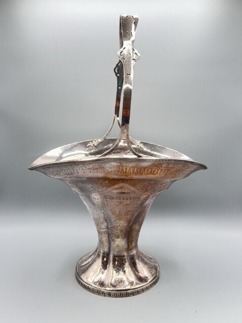 Antique Silver Plate Bride's Basket With Tall Handle - Image 1