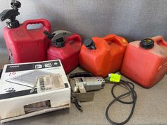 Lot: Gas Cans, Jigsaw, Ventilation Fan - Image 1