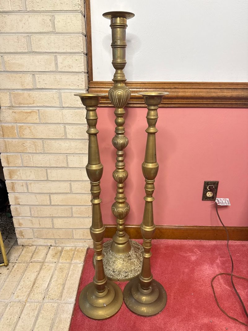 Large Brass Floor Candlestick and Matching Pair Pillar Holders