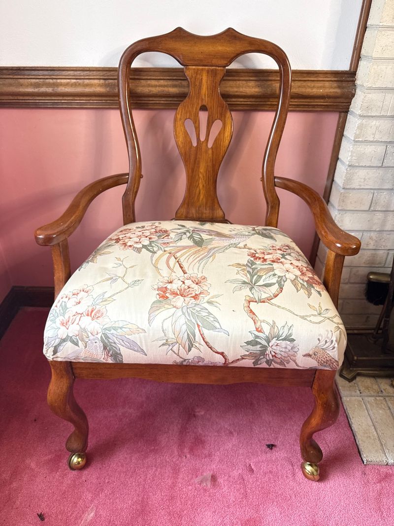 Queen Anne Style Carved Splatback Armchair with Floral Upholstery