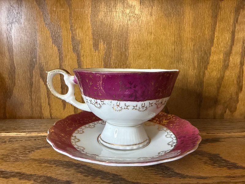 Japanese Pink Lusterware Footed Teacup and Saucer Set Gold Gilt